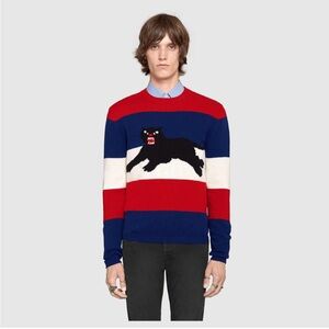 GUCCI Panther Jacquard Stripped Wool Sweater Mens XS Seen on Bad Bunny